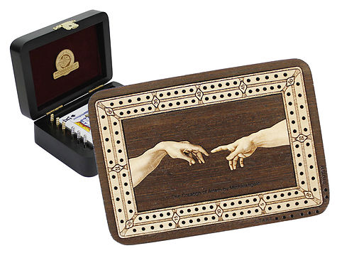 The Creation of Adam by Michelangelo Wood Carved Inlaid Folding Cribbage Board / Box Wenge Wood / Maple - 2 Tracks
