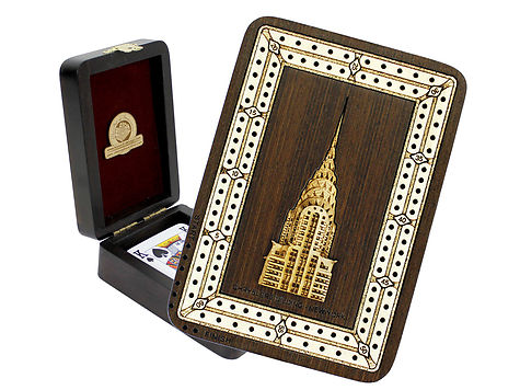 Chrysler Building Wood Carved Inlaid Folding Cribbage Board / Box Wenge Wood / Maple - 2 Tracks
