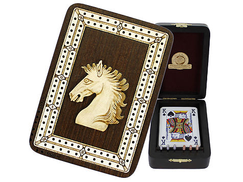 Horse Face Wood Carved Inlaid Folding Cribbage Board / Box Wenge Wood / Maple - 2 Tracks