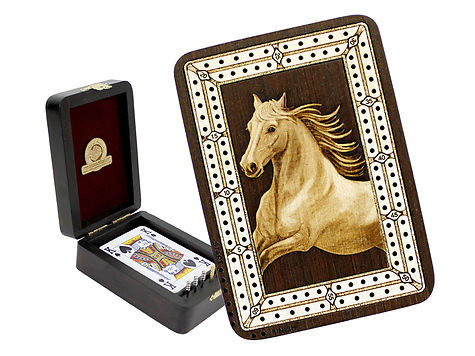 Horse Figure Wood Carved Inlaid Folding Cribbage Board / Box Wenge Wood / Maple - 2 Tracks