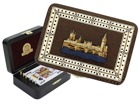 House of Parliament Wood Carved Inlaid Folding Cribbage Board / Box Wenge Wood / Maple - 2 Tracks