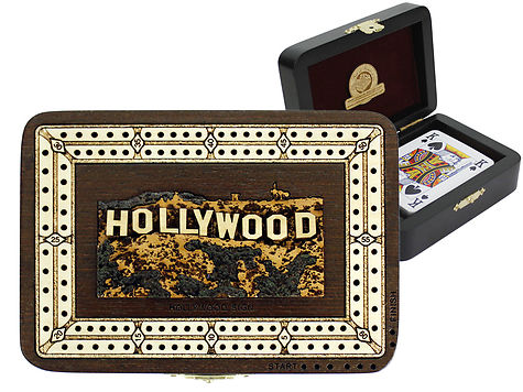 Hollywood Sign Wood Carved Inlaid Folding Cribbage Board / Box Wenge Wood / Maple - 2 Tracks