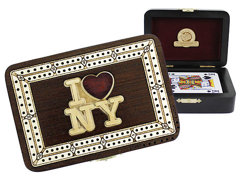 I Love New York Wood Carved Inlaid Folding Cribbage Board / Box Wenge Wood / Maple - 2 Tracks