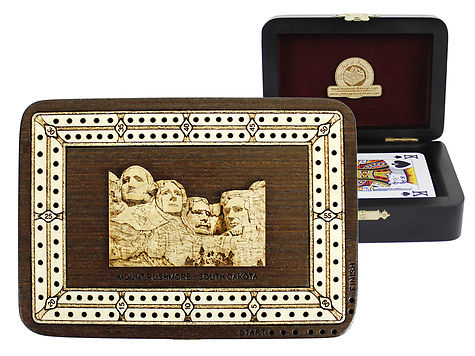 Mount Rushmore Wood Carved Inlaid Folding Cribbage Board / Box Wenge Wood / Maple - 2 Tracks