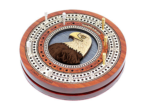Eagle inlaid Wooden Travel / Pocket Size Cribbage Board in Bloodwood / Maple Wood - 2 Tracks 60 Points with storage of pegs