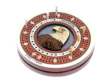 Eagle inlaid Wooden Travel / Pocket Size Cribbage Board in Maple Wood / Blood Wood - 2 Tracks 60 Points with storage of pegs