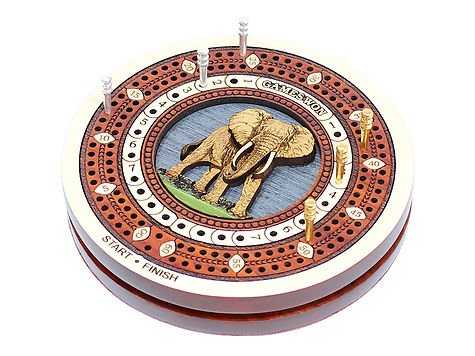 Elephant inlaid Wooden Travel / Pocket Size Cribbage Board in Maple Wood / Blood Wood - 2 Tracks 60 Points with storage of pegs