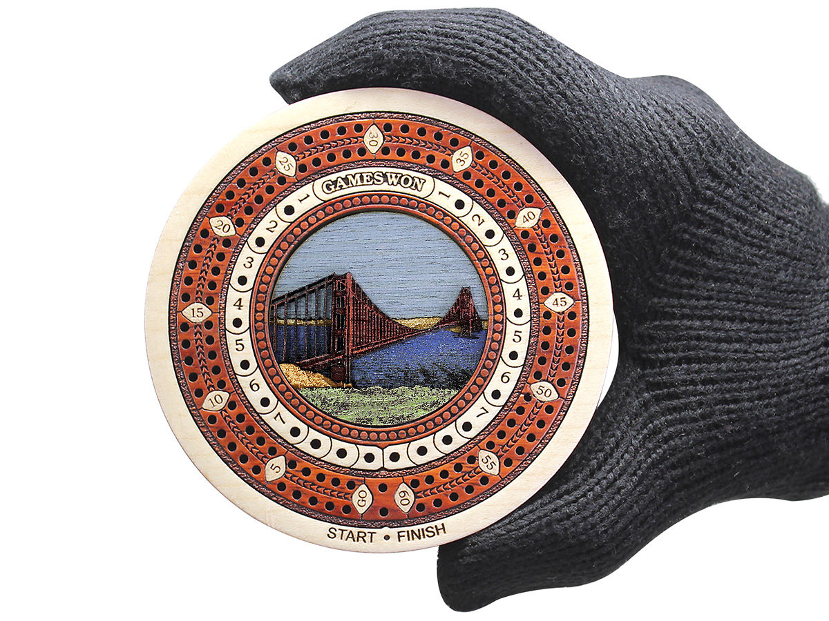 Golden Gate Bridge Inlaid Wooden Travel Pocket Size Cribbage Board In ...