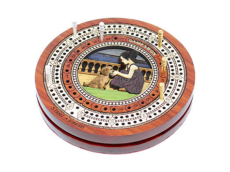 Girl playing with Dog inlaid Wooden Travel / Pocket Size Cribbage Board in Bloodwood / Maple Wood - 2 Tracks 60 Points with storage of pegs