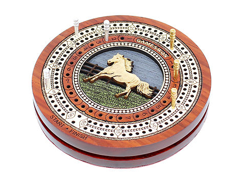 Running Horse inlaid Wooden Travel / Pocket Size Cribbage Board in Bloodwood / Maple Wood - 2 Tracks 60 Points with storage of pegs