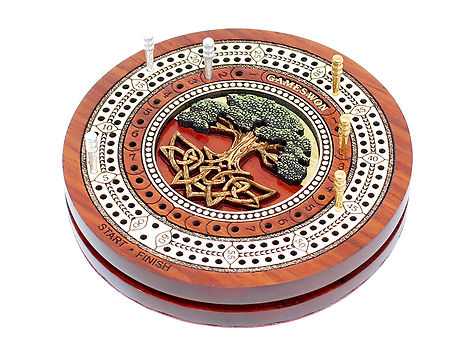 Tree of Life inlaid Wooden Travel / Pocket Size Cribbage Board in Bloodwood / Maple Wood - 2 Tracks 60 Points with storage of pegs