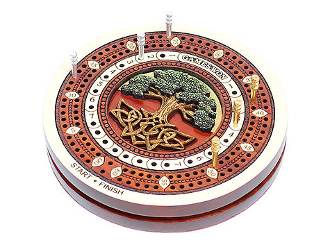 Tree of Life inlaid Wooden Travel / Pocket Size Cribbage Board in Maple Wood / Blood Wood - 2 Tracks 60 Points with storage of pegs