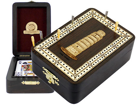Pisa Tower Wood Carved Inlaid Folding Cribbage Board / Box Wenge Wood / Maple - 2 Tracks