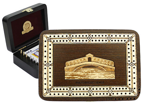 Rialto Bridge Wood Carved Inlaid Folding Cribbage Board / Box Wenge Wood / Maple - 2 Tracks