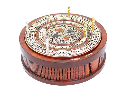 Playing Card Symbol Suits 2 Track (60 points) 5.5 inch Round Travel Cribbage Board in Blood Wood / Maple Wood with Pegs & Cards Storage