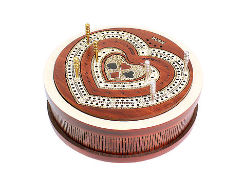 Heart Shape 2 Track (60 points) 5.5 inch Round Travel Cribbage Board in Blood Wood / Maple Wood with Pegs & Cards Storage