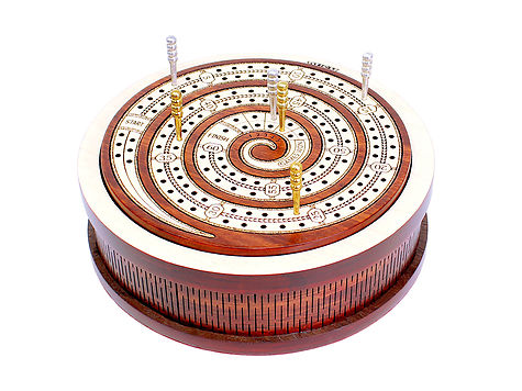 Spiral Shape 2 Track (60 points) 5.5 inch Round Travel Cribbage Board in Blood Wood / Maple Wood with Pegs & Cards Storage