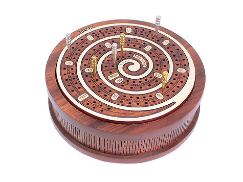 Spiral Shape 2 Track (60 points) 5.5 inch Round Travel Cribbage Board in Maple Wood / Blood Wood with Pegs & Cards Storage