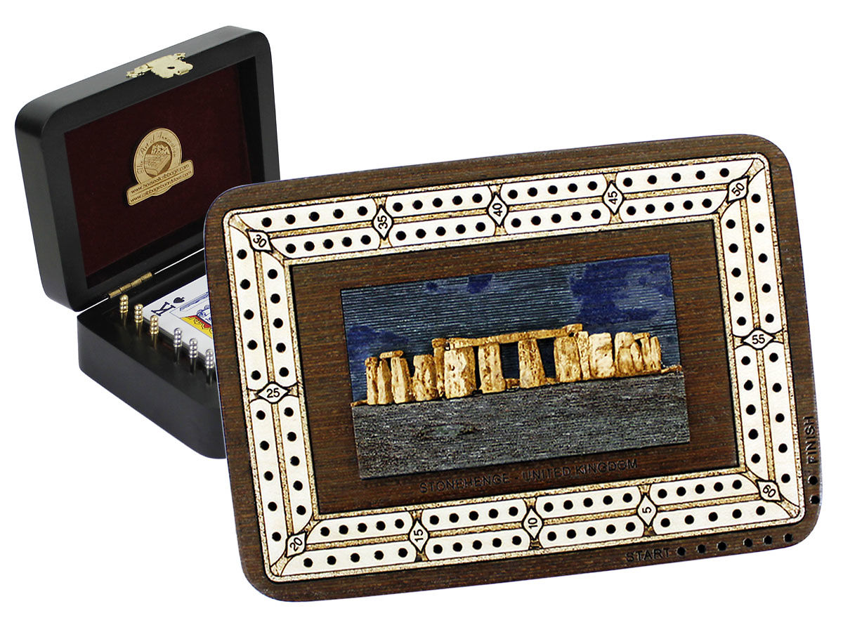 Stonehenge Image Inlaid Folding Cribbage Board Box Wenge Wood