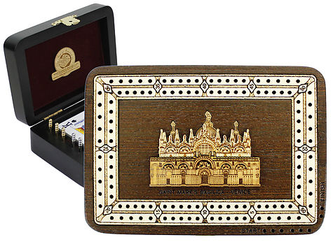 Saint Marks Basilica Wood Carved Inlaid Folding Cribbage Board / Box Wenge Wood / Maple - 2 Tracks