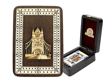 Tower Bridge Wood Carved Inlaid Folding Cribbage Board / Box Wenge Wood / Maple - 2 Tracks