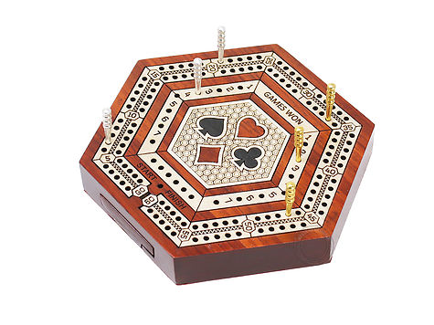 Hexagonal 2 Track (60 points) Travel Cribbage Board in Blood Wood / Maple Wood with Pegs Storage Drawer