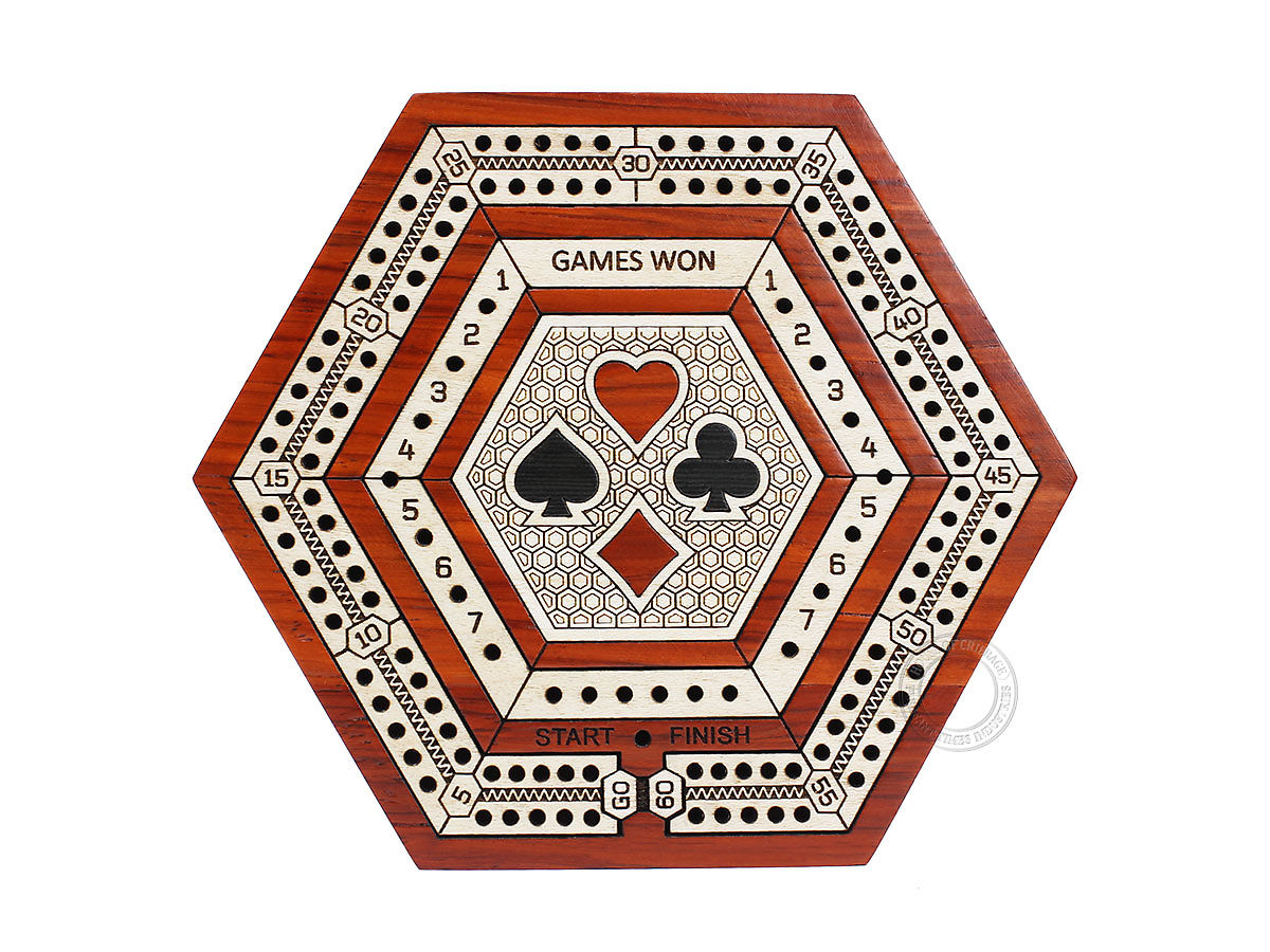 Hexagonal 2 Track 60 Points Travel Cribbage Board In Blood Wood Maple ...