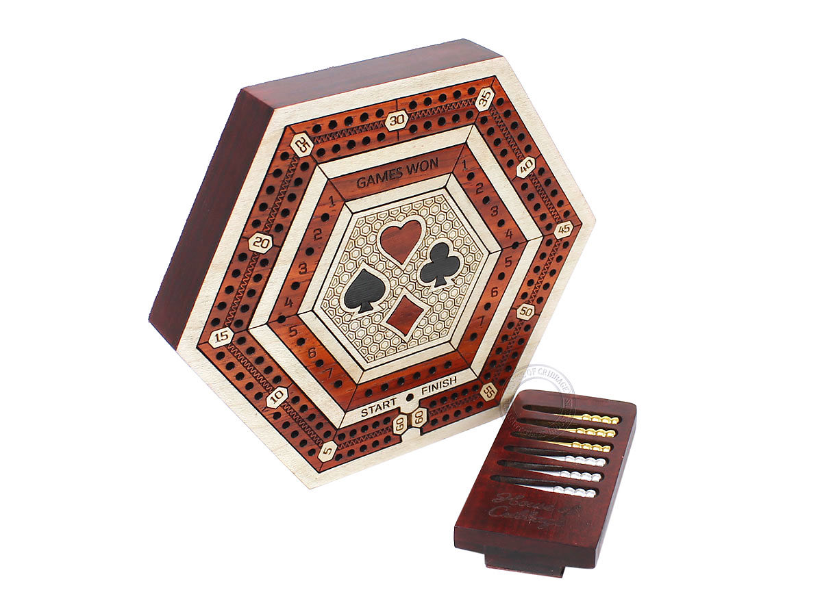 Hexagonal 2 Track 60 Points Travel Cribbage Board In Maple Wood Blood ...