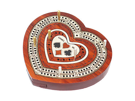 Heart Shape 2 Track (60 points) Travel Cribbage Board in Blood Wood / Maple Wood with Pegs Storage Drawer