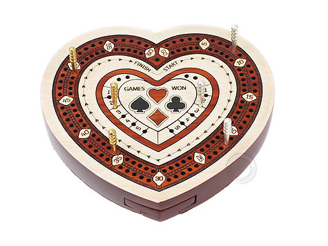 Heart Shape 2 Track (60 points) Travel Cribbage Board in Maple Wood / Blood Wood with Pegs Storage Drawer
