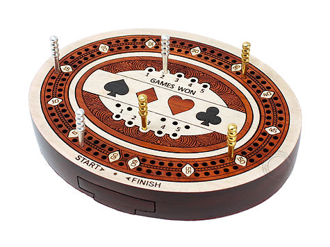 Oval Shape 2 Track (60 points) Travel Cribbage Board in Maple Wood / Blood Wood with Pegs Storage Drawer