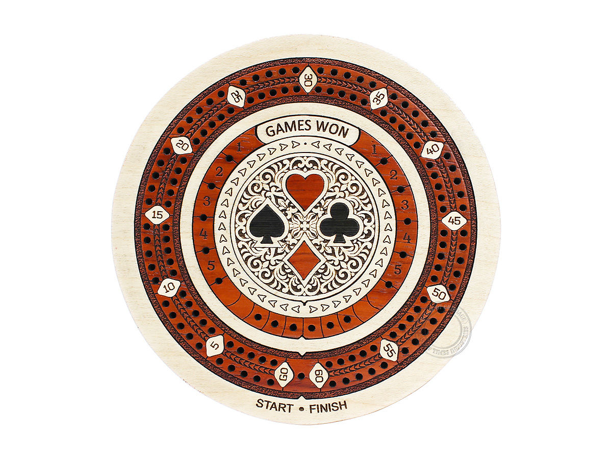 Round Shape 2 Track 60 Points Travel Cribbage Board In Maple Wood Blood ...