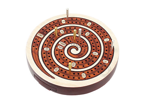 Spiral Shape 2 Track (60 points) Travel Cribbage Board in Maple Wood / Blood Wood with Pegs Storage Drawer