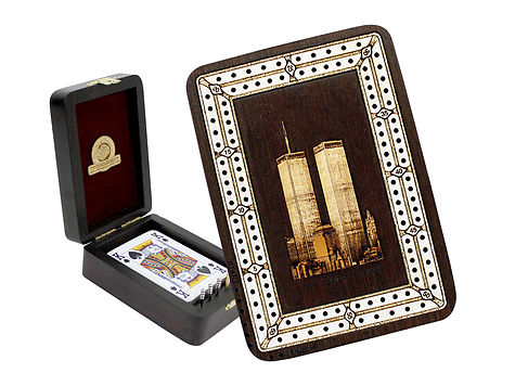 Twin Tower Buildings Wood Carved Inlaid Folding Cribbage Board / Box Wenge Wood / Maple - 2 Tracks