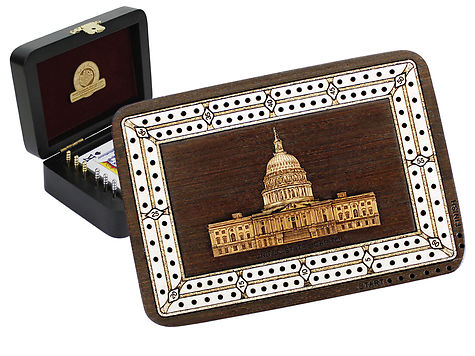 United States Capitol Wood Carved Inlaid Folding Cribbage Board / Box Wenge Wood / Maple - 2 Tracks