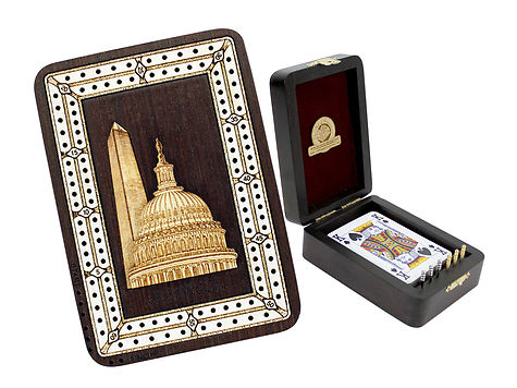 United States Capitol and Washinton Monument Wood Carved Inlaid Folding Cribbage Board / Box Wenge Wood / Maple - 2 Tracks